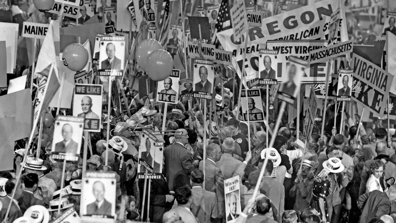 Delegates, many of whom support Dwight David Eisenhower as their candidate for President, gather at the Republican National Convention in Chicago in July 1952.