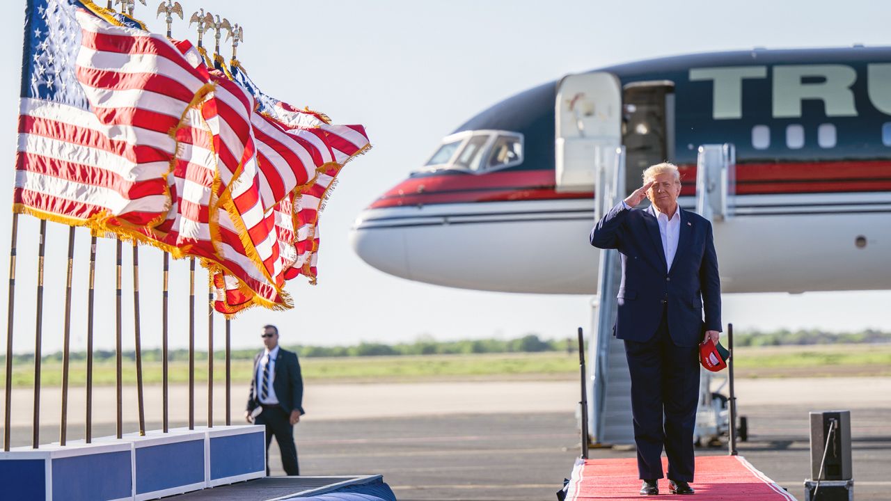 Former President Donald Trump arrives during a rally at the Waco Regional Airport on March 25 in Texas.