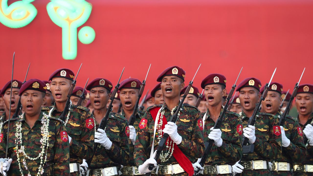 Military officers march during a parade to commemorate Myanmar's 78th Armed Forces Day in Naypyitaw, Myanmar, Monday, March 27, 2023.