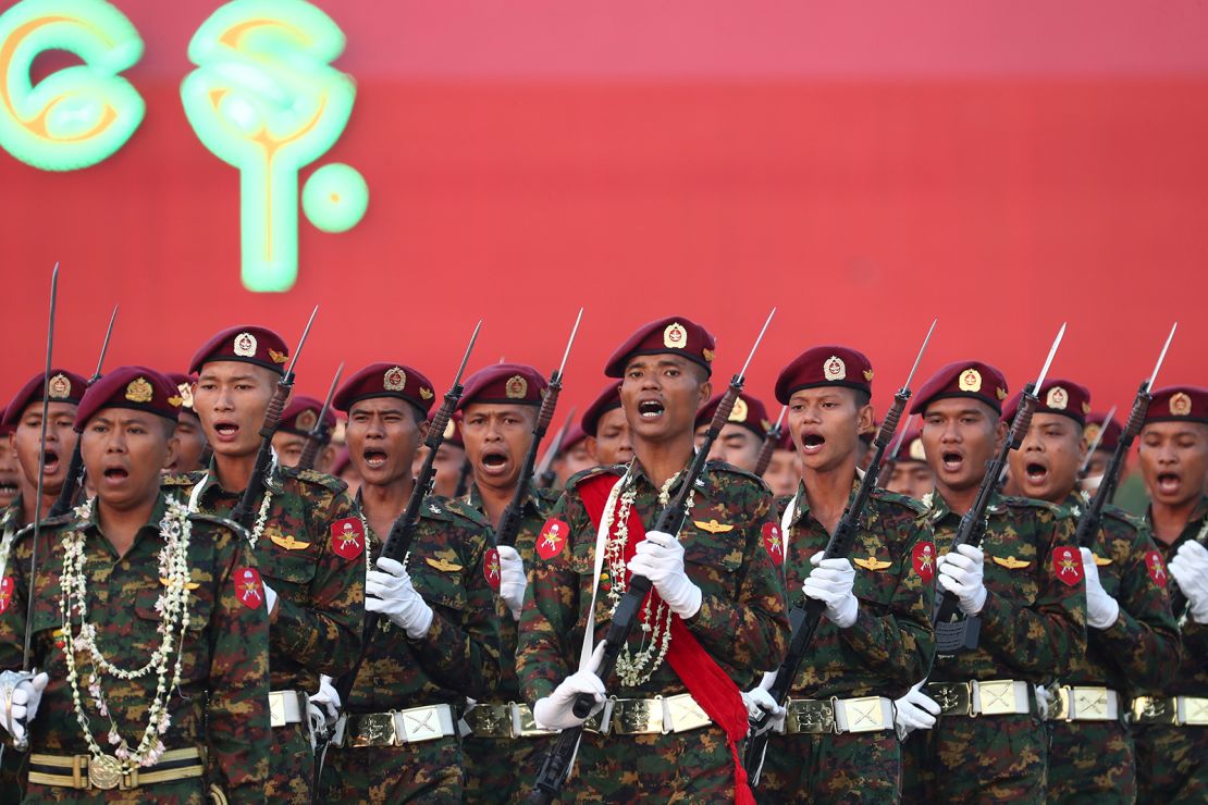 Military officers march during a parade to commemorate Myanmar's 78th Armed Forces Day in Naypyidaw, Myanmar, Monday, March 27, 2023.