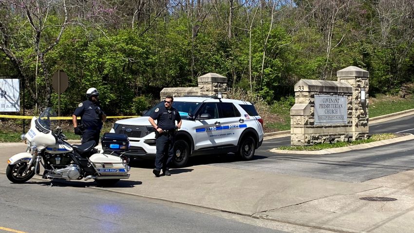 Police officers secure the entrance to the Covenant School, Covenant Presbyterian Church, after reports of a shooting in Nashville, Tennessee, U.S. March 27, 2023. REUTERS/Kevin Wurm