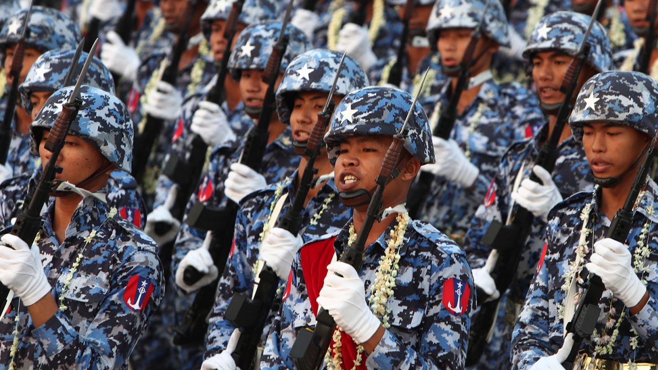 Military officers march during a parade to commemorate Myanmar's 78th Armed Forces Day in Naypyitaw, Myanmar, Monday, March 27, 2023.