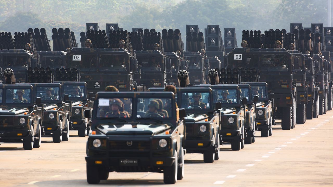 Myanmar military officers leave the venue during a parade to commemorate Myanmar's 78th Armed Forces Day in Naypyitaw, Myanmar, Monday, March 27, 2023. 