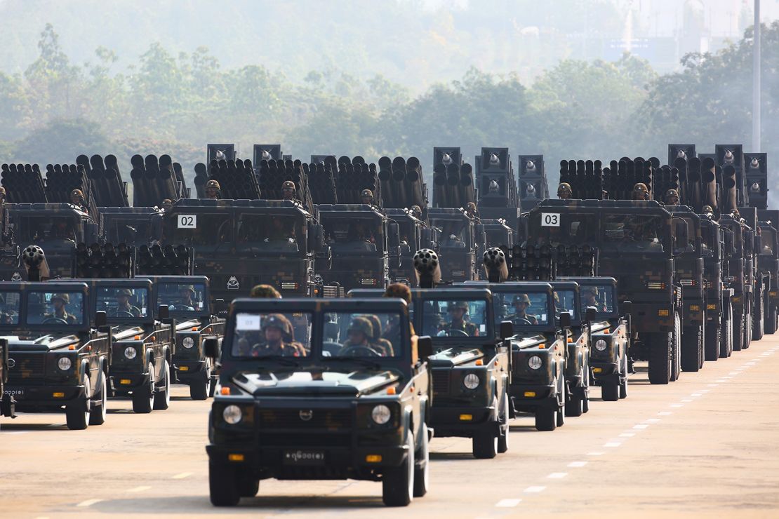 Myanmar military officers leave the venue during a parade to commemorate Myanmar's 78th Armed Forces Day in Naypyidaw, Myanmar, Monday, March 27, 2023. 