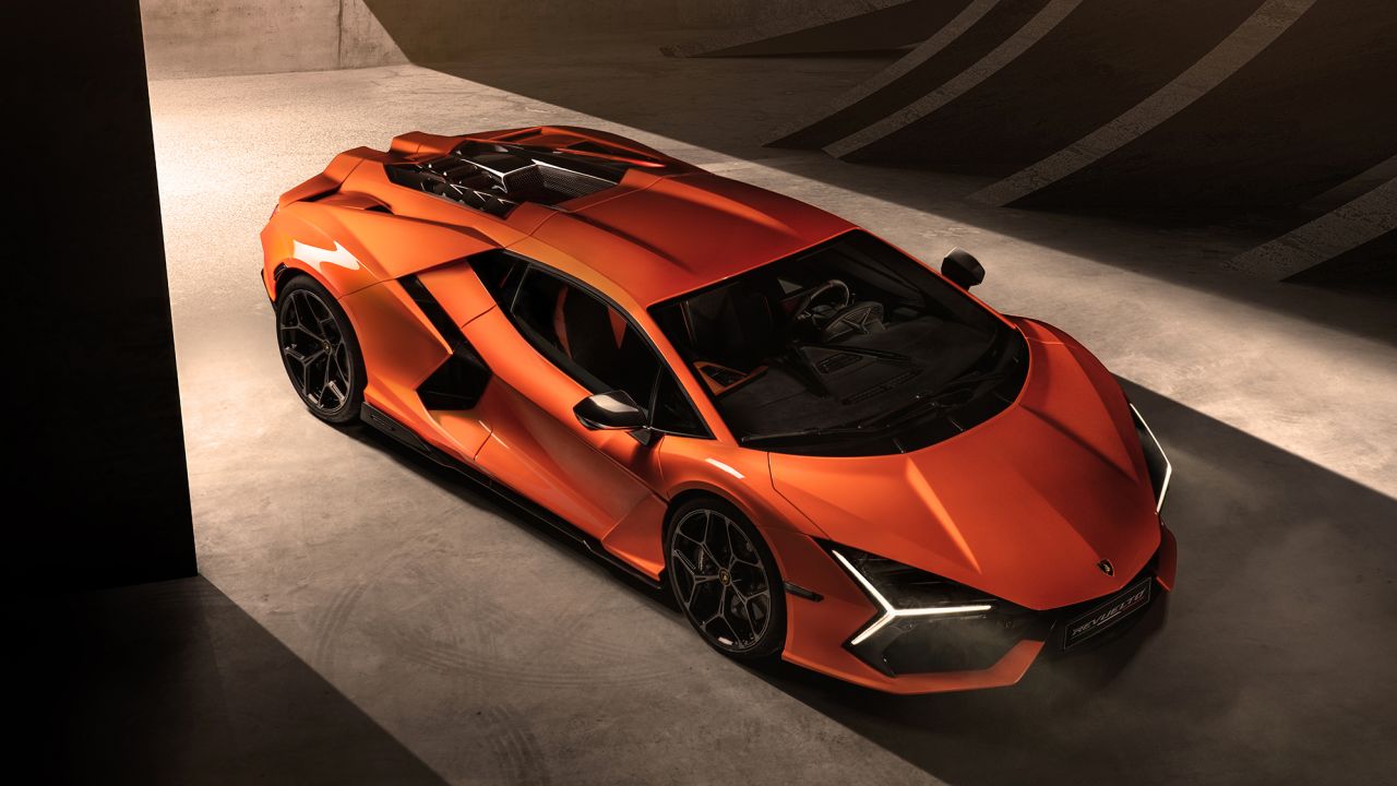 A Lamborghini Revuelto hybrid on a CGI background.