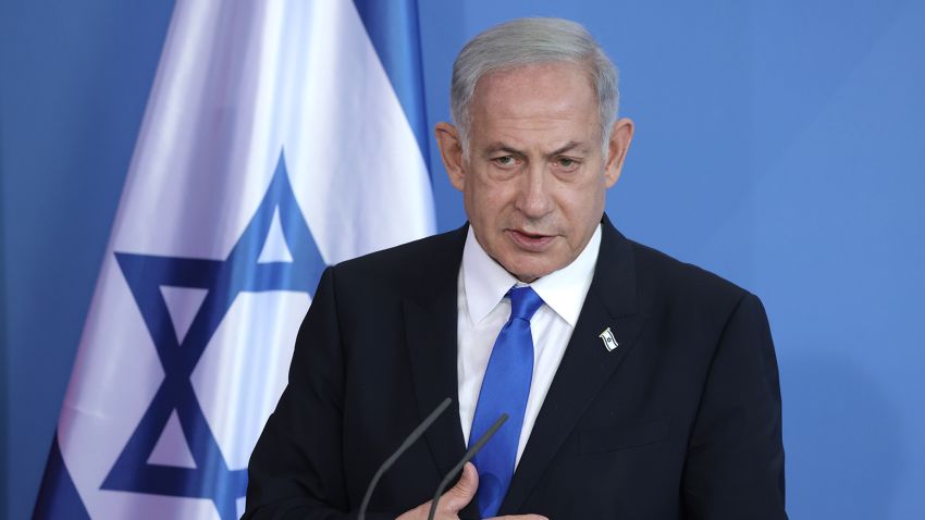 Israeli Prime Minister Benjamin Netanyahu speaks to the media following talks at the Chancellery on March 16, 2023 in Berlin, Germany.