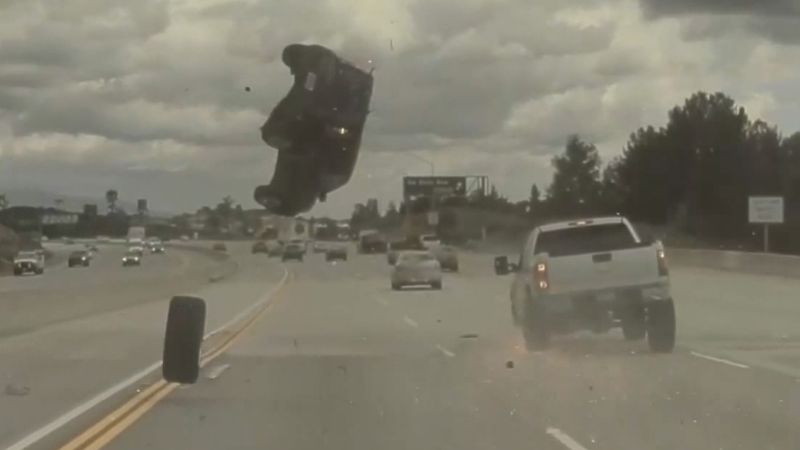 Dashcam video shows car flip mid air on freeway after hitting a loose tire