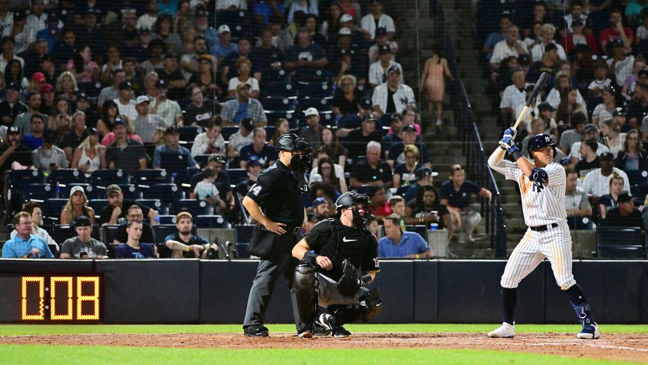 A pitch clock counts down during a spring training game between the New York Yankees and Pittsburgh Pirates in Tampa, Florida, on March 6.