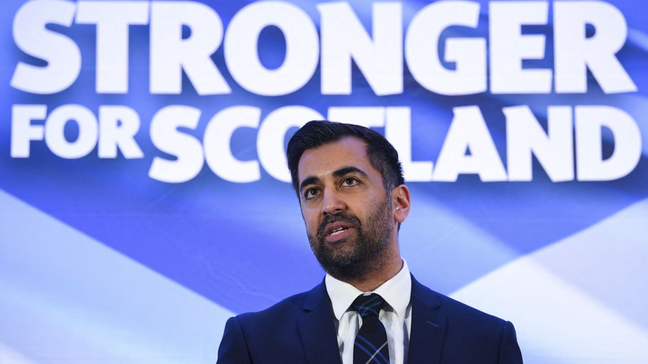 Newly appointed leader of the Scottish National Party (SNP), Humza Yousaf speaks at Murrayfield Stadium in Edinburgh on March 27, 2023.