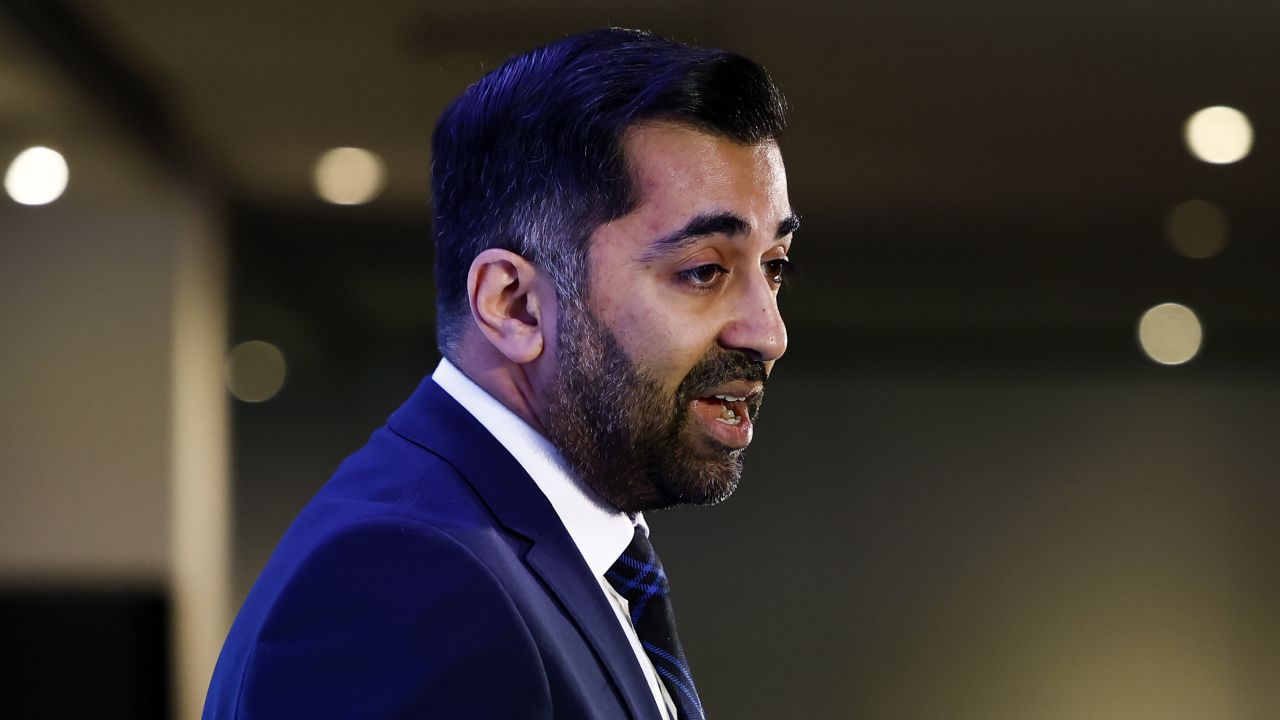 Humza Yousaf speaks after being elected as the new SNP party leader, at Murrayfield on March 27, 2023 in Edinburgh, Scotland.