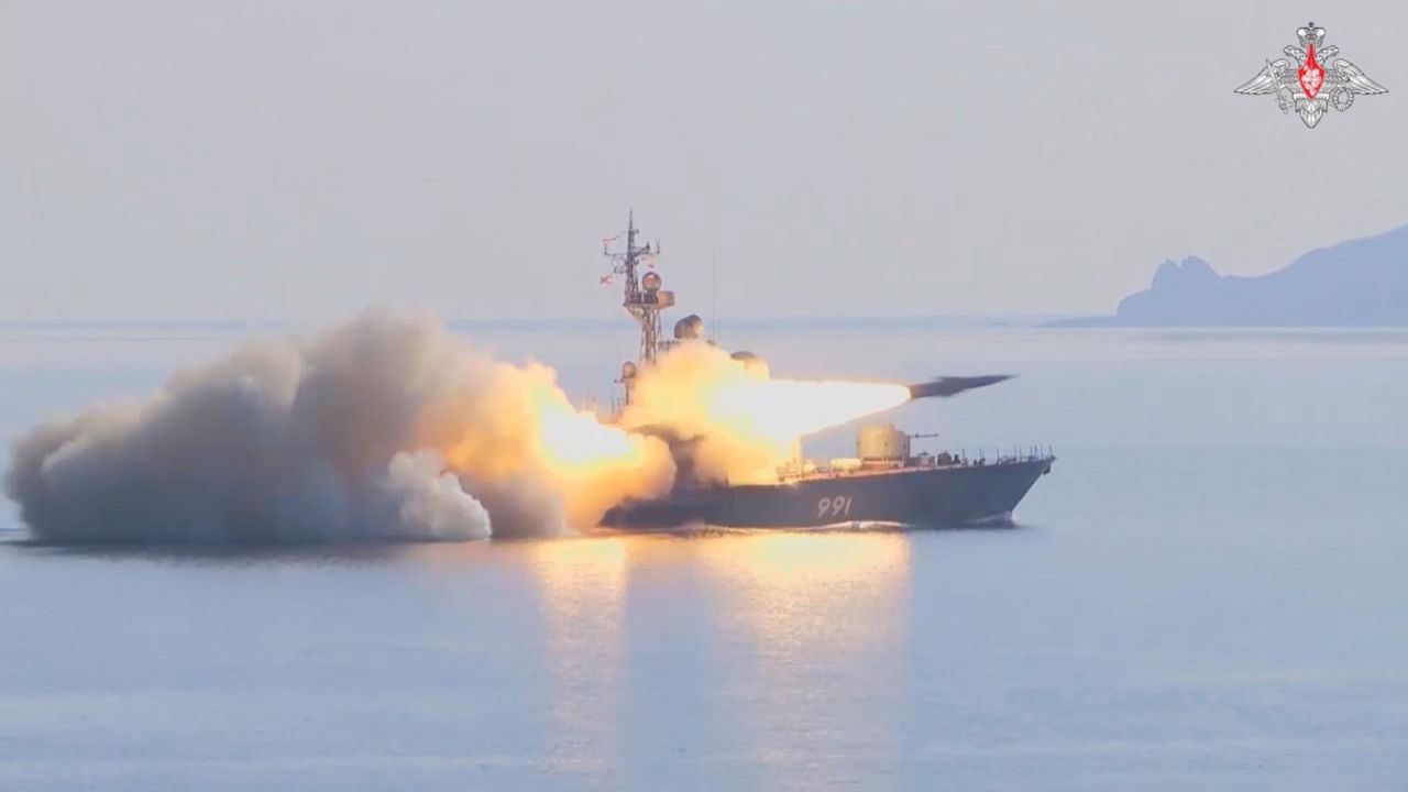 A ship from Russia's Pacific Fleet fires a Moskit cruise missile at a mock enemy  target in waters off Japan's coast on March 28.