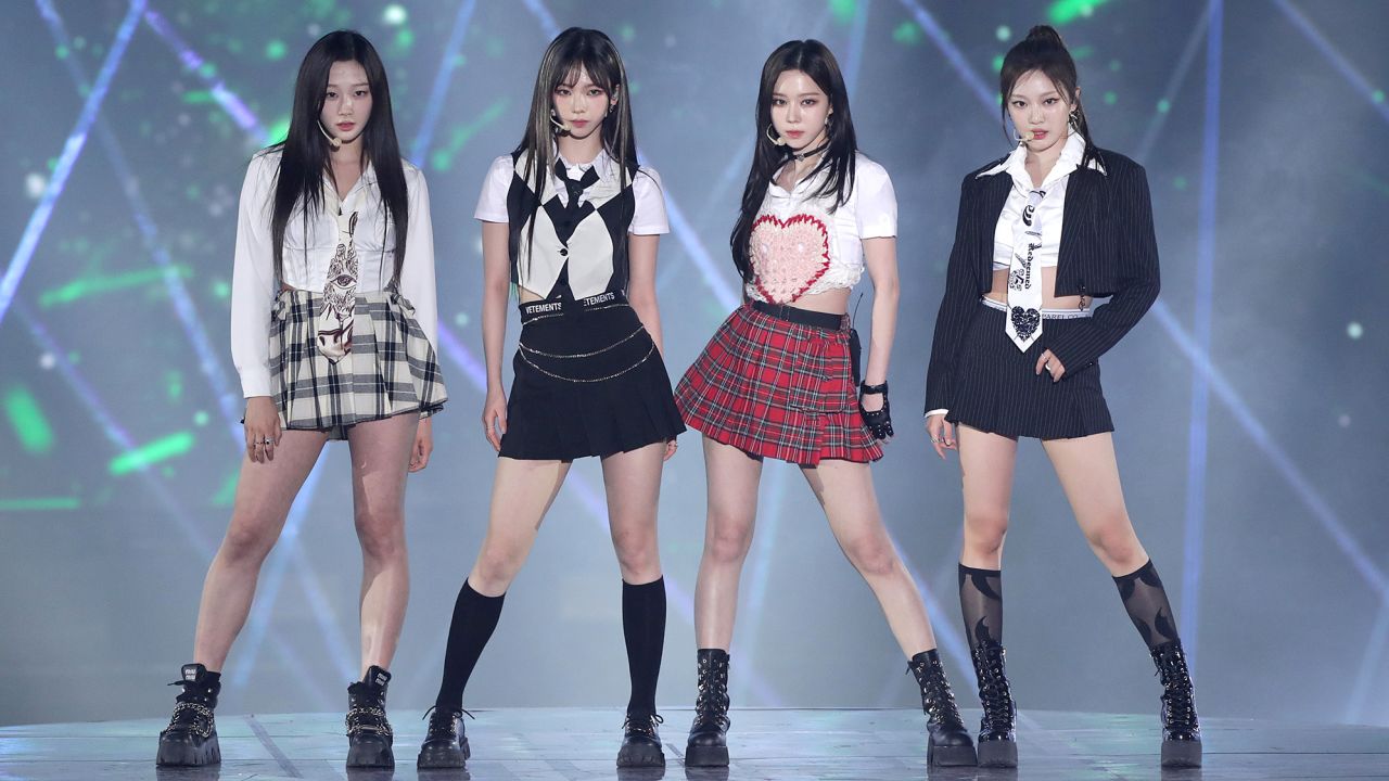 Winter, Karina, Giselle and Ningning of the group aespa performing onstage during the Circle Chart Music Awards on Feb. 18 in Seoul. Aespa is represented by SM Entertainment.