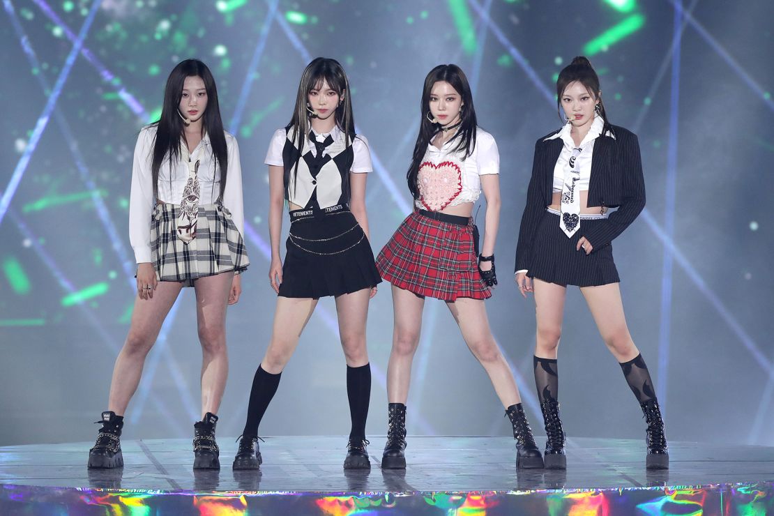 Winter, Karina, Giselle and Ningning of the group aespa performing onstage during the Circle Chart Music Awards on Feb. 18 in Seoul. Aespa is represented by SM Entertainment.