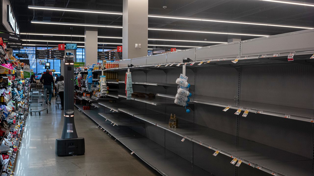 A water aisle is barren at Giant Supermarket in Philadelphia on March 26, 2023. 