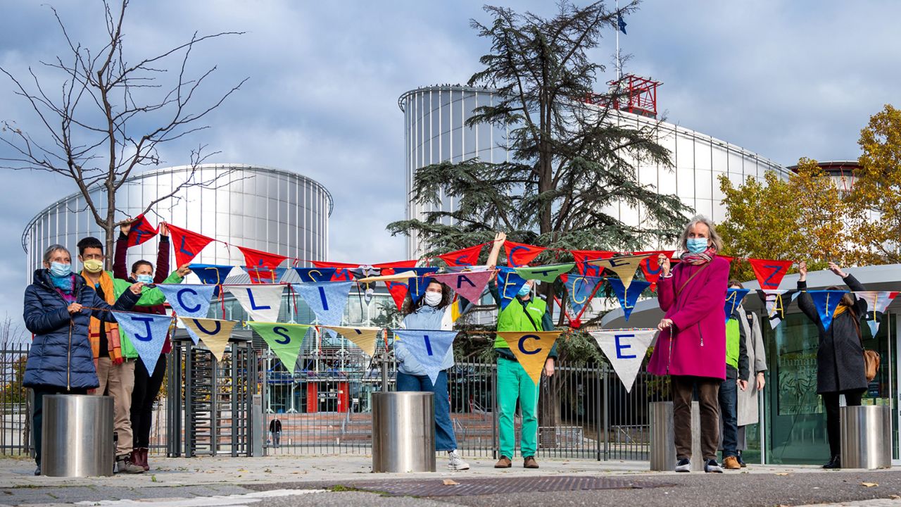 The Swiss Senior Women for Climate pose in front of the European Courth of Human Rights building in Strasbourg, France, 27 October 2020.