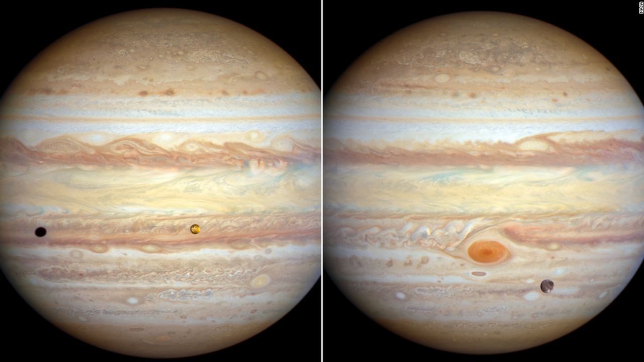 The Hubble Space Telescope captured these images of Jupiter. (From left) In November 2022, storms form a wave pattern. A January 2023 view shows the Great Red Spot, as the moon Ganymede transits (lower right).