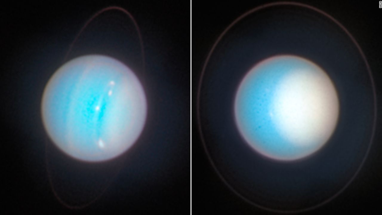 In images captured by the Hubble telescope (from left) in 2014 and 2022, the increased size and brightness of Uranus' north polar cap is apparent. Bright haze covers the cap in the later image.