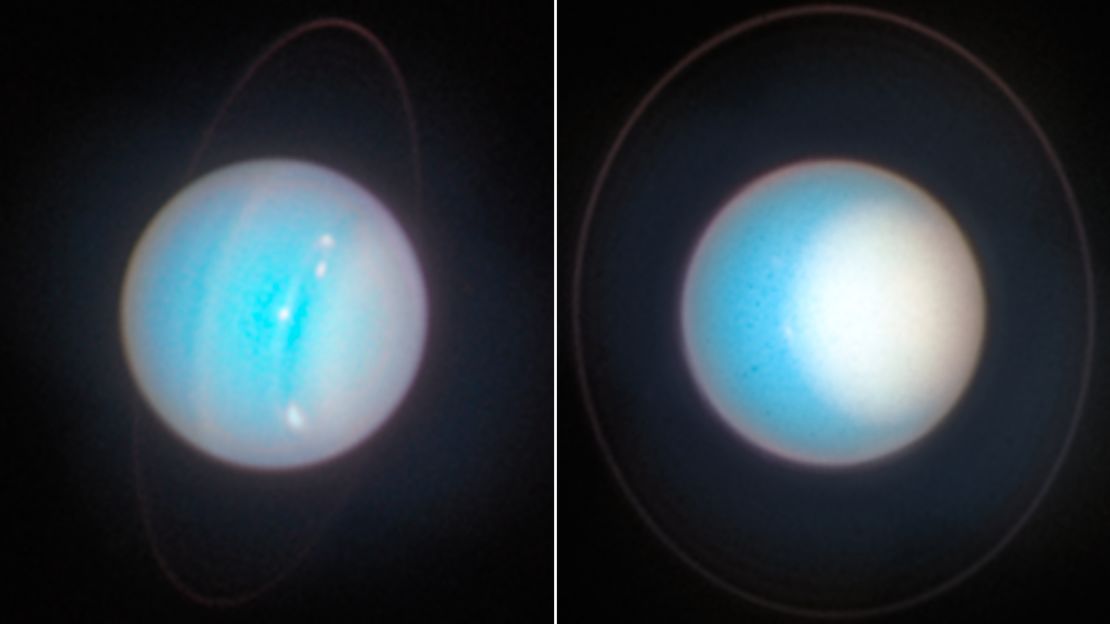 In images captured by the Hubble telescope (from left) in 2014 and 2022, the increased size and brightness of Uranus' north polar cap is apparent. Bright haze covers the cap in the later image.