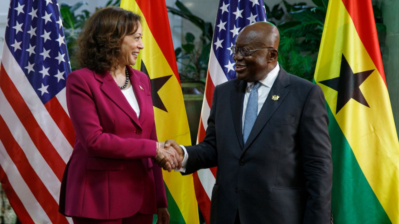 US Vice President Kamala Harris is welcomed by Ghana President Nana Akufo-Addo in Accra, Ghana, Monday March 27, 2023.