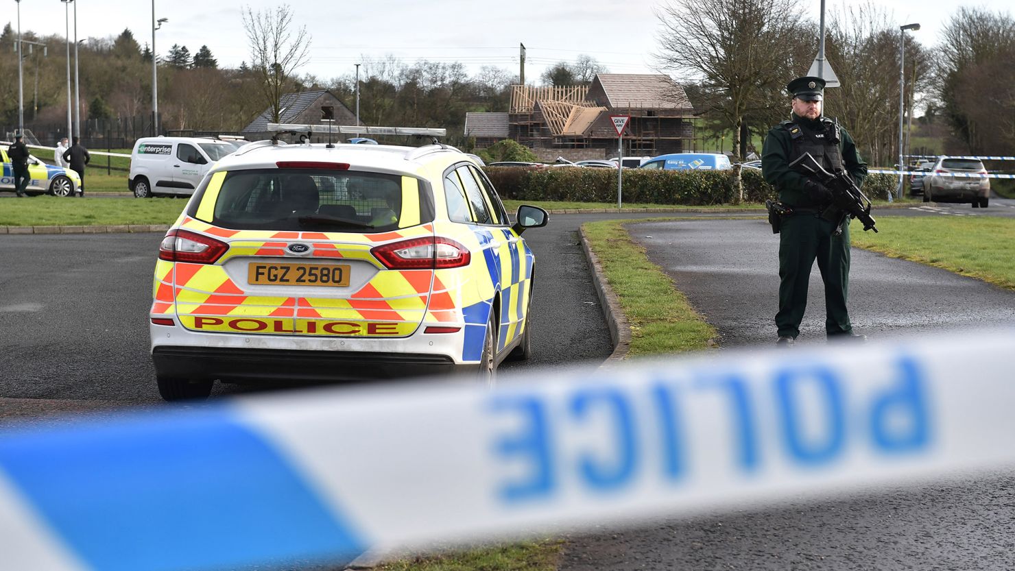 Police pictured at the scene of the shooting of a senior officer in Omagh, Northern Ireland on February 23. 