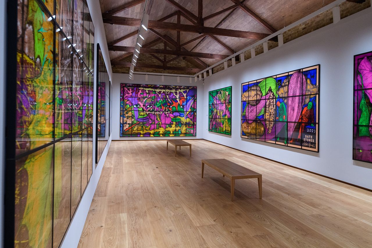 "The Paradisical Pictures," a series of stained-glass-like mixed-media works, is free to enter, like all shows in the gallery.