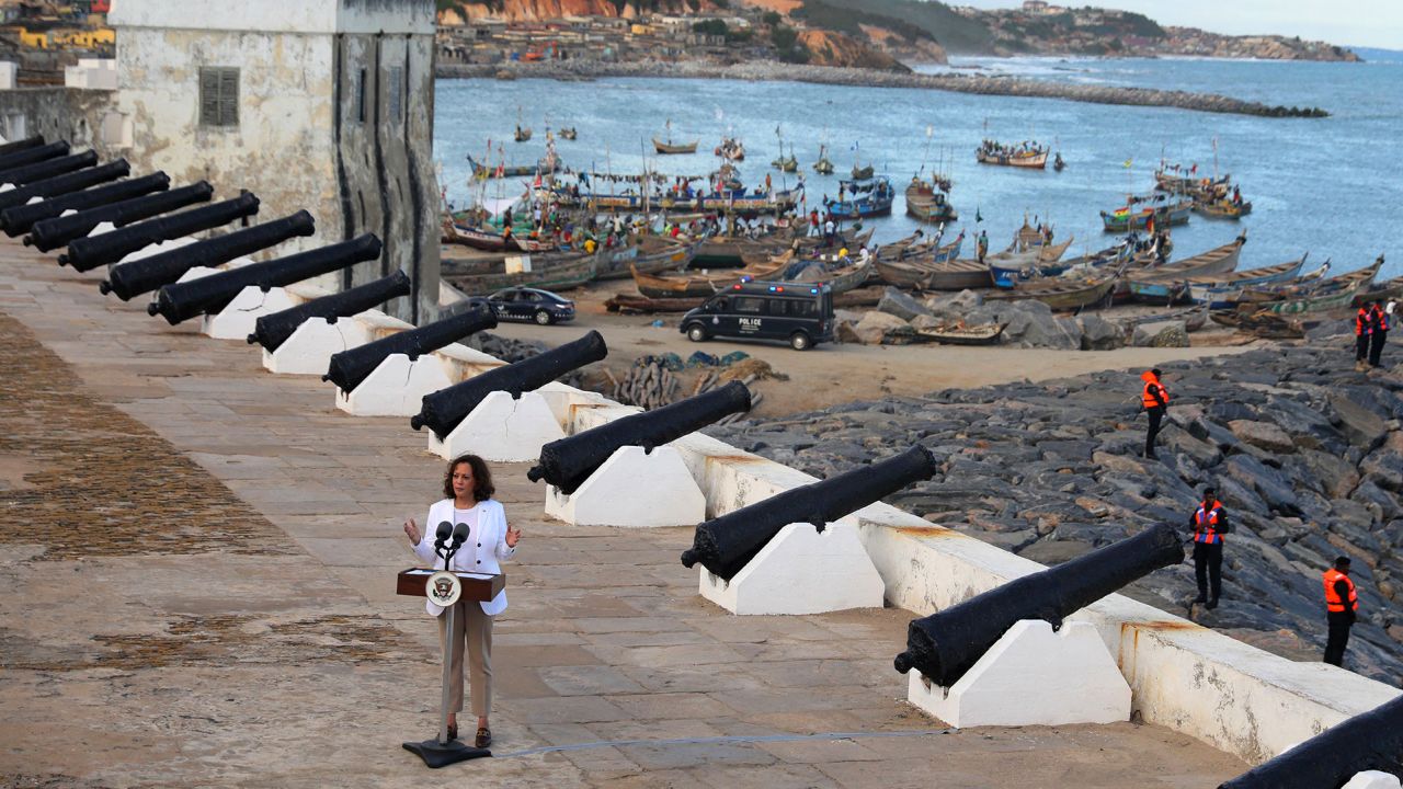 Vice President Kamala Harris speaks at the Cape Coast Castle, Ghana, on March 28.