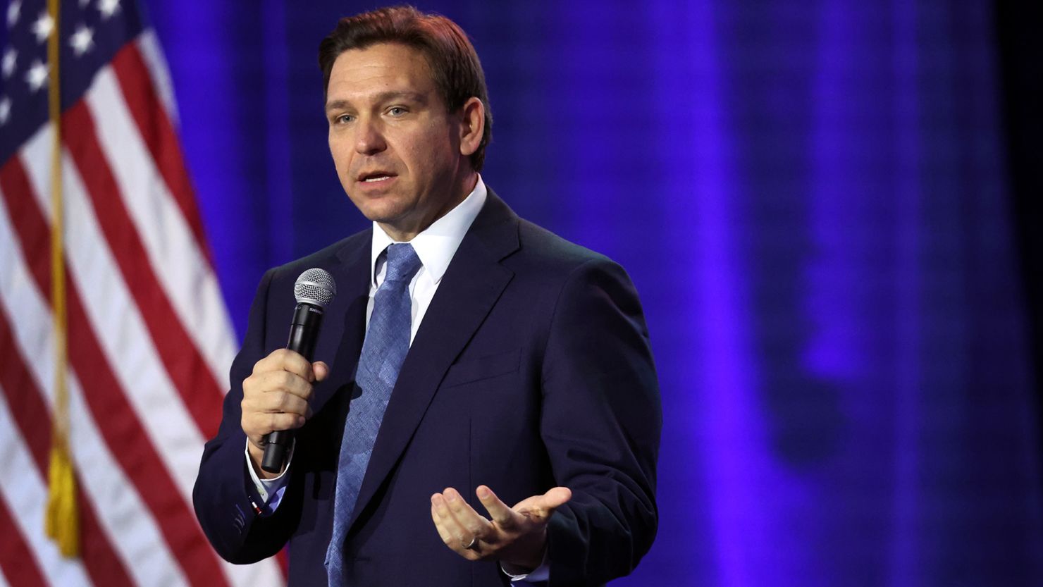 Florida Gov. Ron DeSantis speaks to Iowa voters gathered at the Iowa State Fairgrounds on March 10, 2023 in Des Moines.