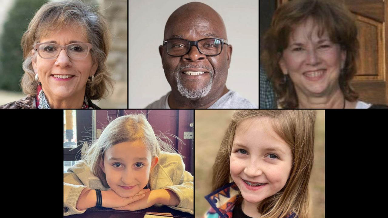 The Covenant School shooting victims (top row) Katherine Koonce, Mike Hill, Cynthia Peak, (bottom row) Evelyn Dieckhaus and Hallie Scruggs.