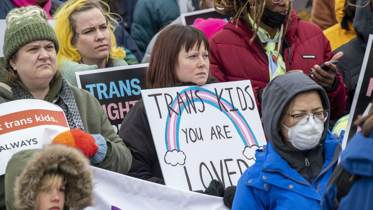 Minnesotans hold a rally at the capitol to support trans kids in St. Paul, Minnesota, on March 6, 2022.