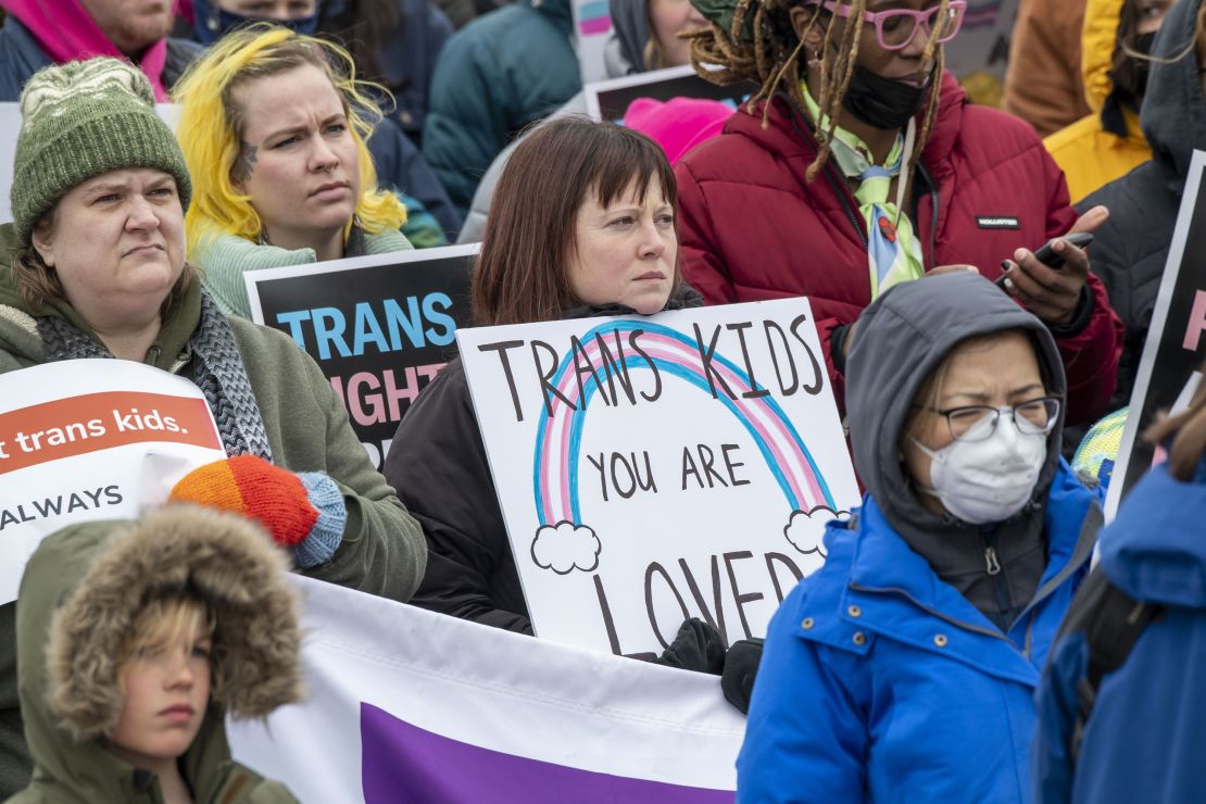 Minnesotans hold a rally at the capitol to support trans kids in St. Paul, Minnesota, on March 6, 2022.