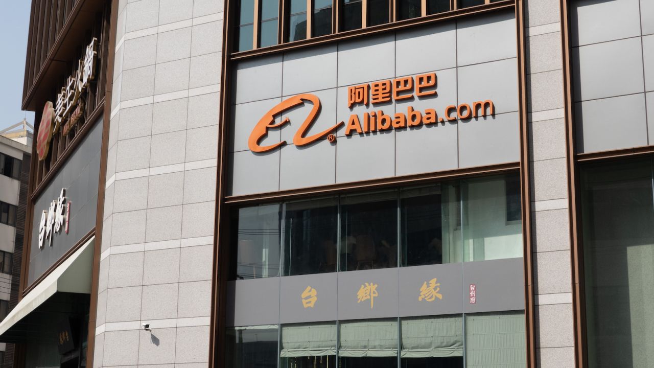The Alibaba LOGO is seen on the wall of the Century Trade Building in Shanghai, China, March 9, 2023.