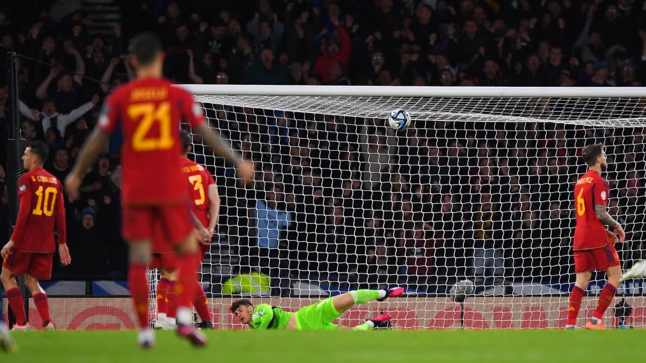 Spain's goalkeeper Kepa Arrizabalaga concedes a second goal at Hampden Park in Glasgow.