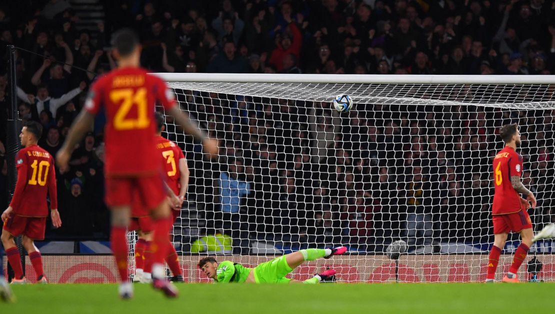 Spain's goalkeeper Kepa Arrizabalaga concedes a second goal at Hampden Park in Glasgow.