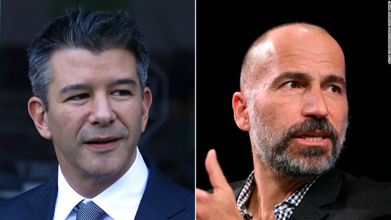 Former Uber CEO Travis Kalanick (left); current Uber CEO Dara Khosrowshahi (right).
