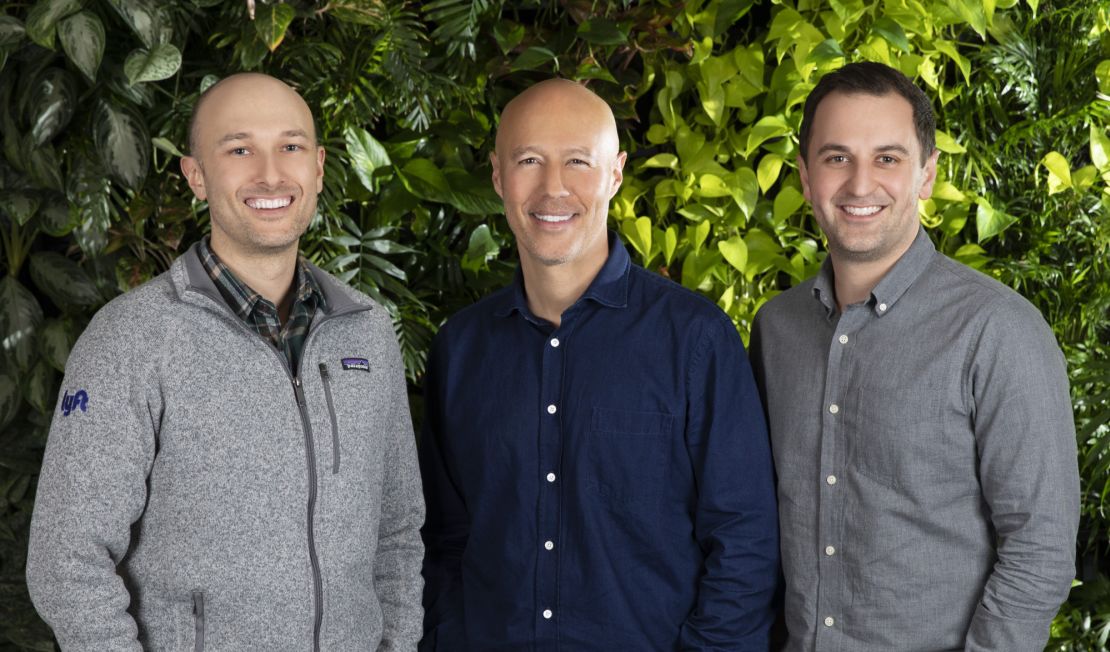 David Risher, Lyft's new CEO, flanked by Lyft's co-founders, Logan Green (left) and John Zimmer (right).