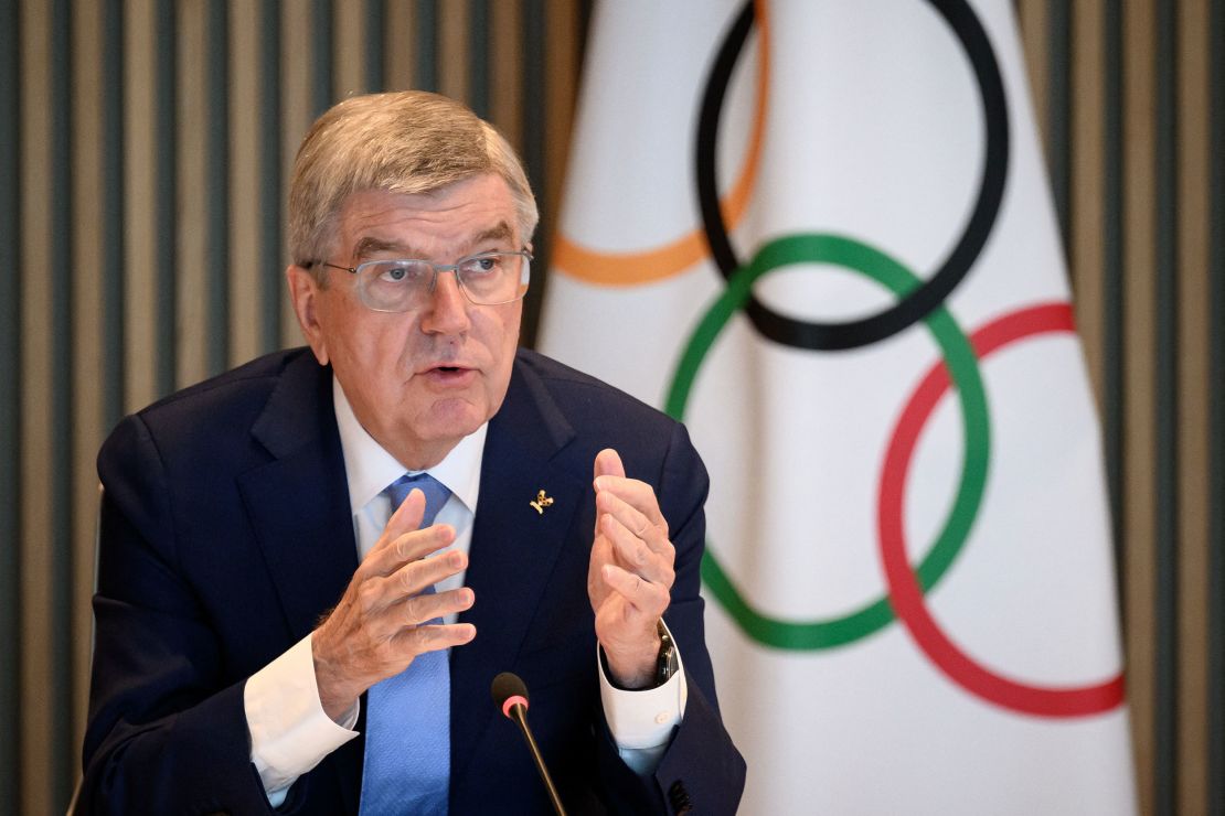 Bach gestures during an IOC executive board meeting on March 28, 2023.