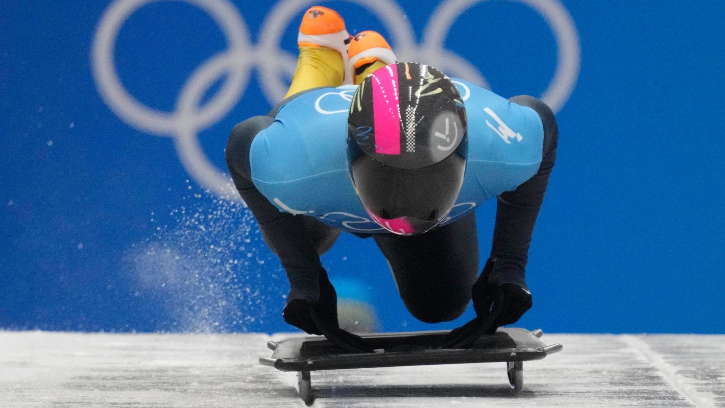 Vladyslav Heraskevych competes in men's skeleton heats during the Beijing 2022 Olympic Winter Games at Yanqing Sliding Centre. 