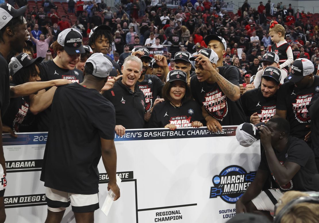 San Diego State Aztecs head coach Brian Dutcher and his team celebrate after beating the Creighton Bluejays in the Elite Eight round of March Madness. 