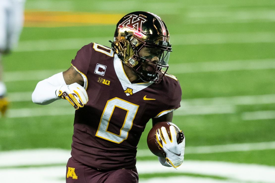 Baltimore Ravens wide receiver Rashod Bateman wearing the #0 jersey when he played in college for the Minnesota Golden Gophers.