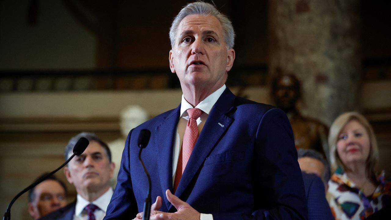 House Speaker Kevin McCarthy hosts a bill enrollment ceremony for legislation blocking the enactment of the Washington, DC City Council's 'Revised Criminal Code Act of 2022', in Statuary Hall in the U.S. Capitol building in Washington, DC, on March 10.