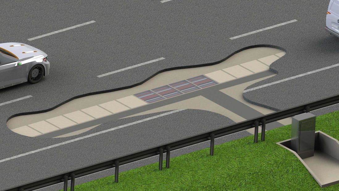 A close-up of the rendering showing charging pads under the roadway. Miroslav Tesic, head of Magment's project management, says "autonomous driving needs autonomous charging too." 