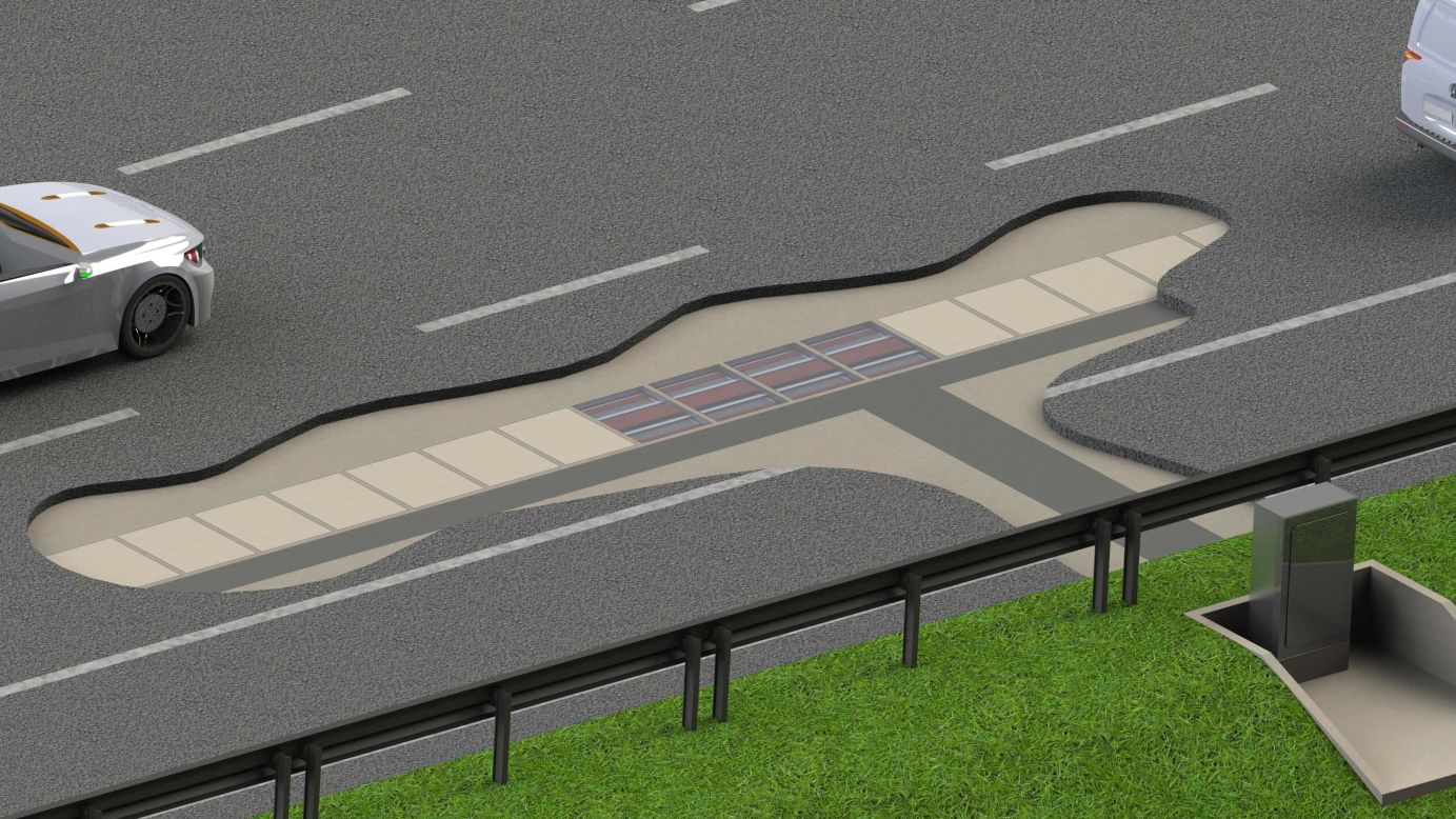 A close-up of the rendering showing charging pads under the roadway. Miroslav Tesic, head of Magment's project management, says "autonomous driving needs autonomous charging too."