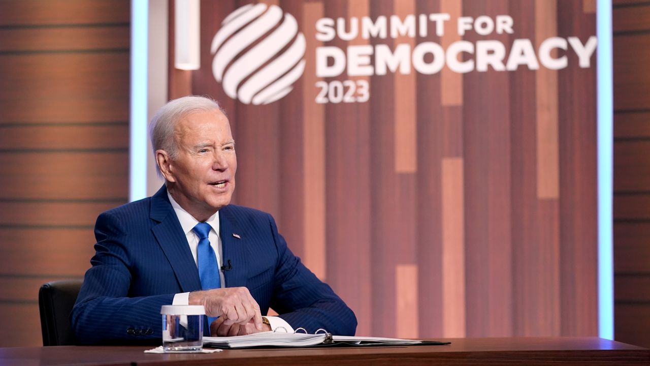 President Joe Biden speaks during a Summit for Democracy virtual plenary in the South Court Auditorium on the White House campus, March 29, 2023, in Washington, DC.