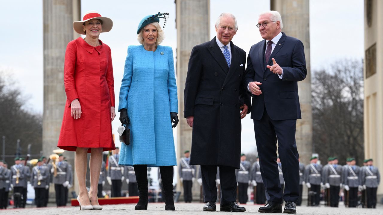 German President Frank-Walter Steinmeier, his wife Elke Budenbender, and Britain's King Charles III and Camilla, the Queen Consort attend a welcome ceremony in front of Brandenburg Gate in Berlin, Germany, on Wednesday.