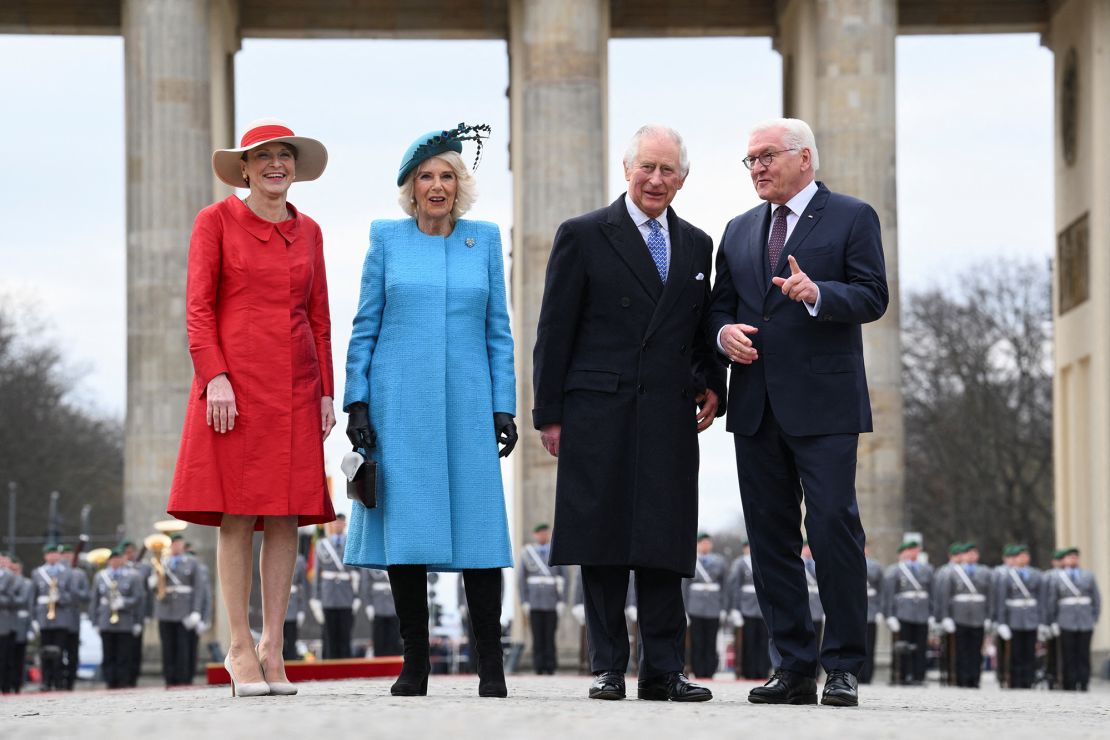 German President Frank-Walter Steinmeier, his wife Elke Budenbender, and Britain's King Charles III and Camilla, the Queen Consort attend a welcome ceremony in front of Brandenburg Gate in Berlin, Germany, on Wednesday.