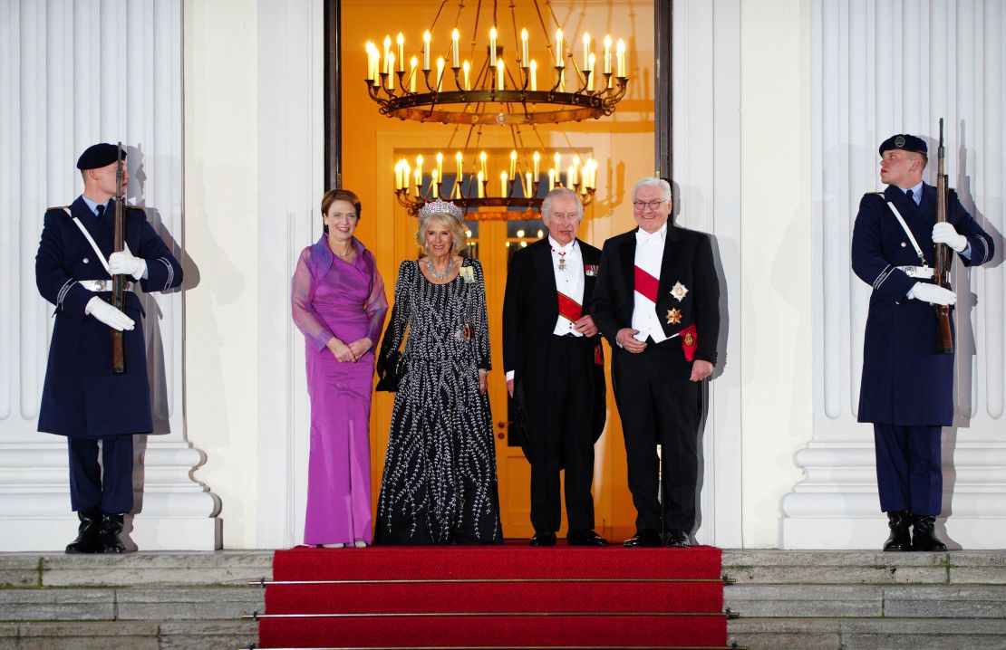 (left to right) Elke Buedenbender, the Queen Consort, King Charles III and German President Frank-Walter Steinmeier, arrive at the State Banquet at Bellevue Palace on Wednesday evening.