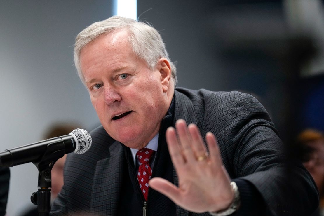 Former White House Chief of Staff during the Trump administration Mark Meadows speaks during a forum titled House Rules and Process Changes for the 118th Congress at FreedowmWorks headquarters on November 14, 2022 in Washington, DC.