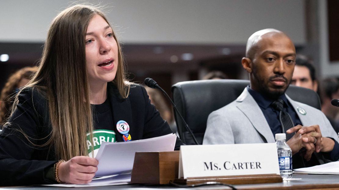 Maggie Carter and Jaysin Saxton testify about Starbucks' labor and union practices during a Senate Committee on Health, Education, Labor and Pensions hearing in Washington, DC.