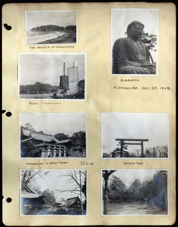 <strong>Photographing the world:</strong> Eleanor and Claudia were keen photographers, and pasted their photos into their scrapbooks. Here's a page from Eleanor's journal featuring photographs from Japan.