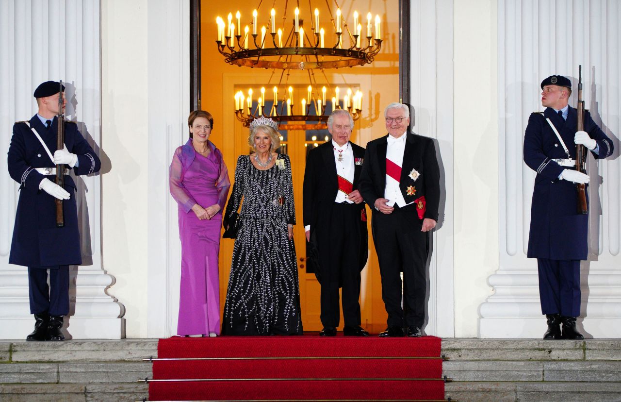 The King and Camilla, the Queen Consort, are flanked by Steinmeier and his wife, Elke Budenbender, at the state banquet on Wednesday.
